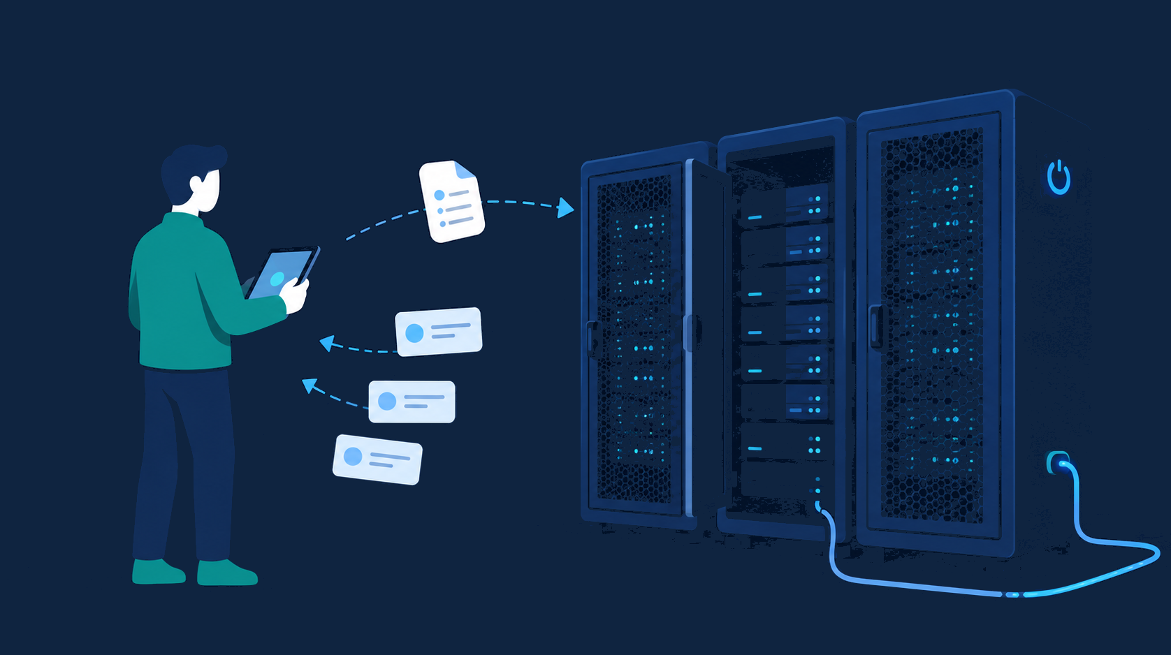A buyer with a tablet sends one request toward a row of data-centre cabinets and several quotes come back